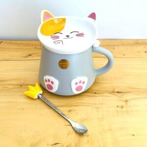 Cat Princess Crown Lid Spoon Kitty Kitten Ceramic Mug Genki Cats Coffe Cup Tea